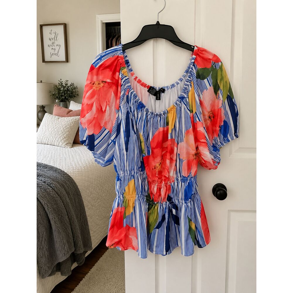 Ashley Stewart Floral Striped Peplum Top 18/20 Puff Sleeve NWT